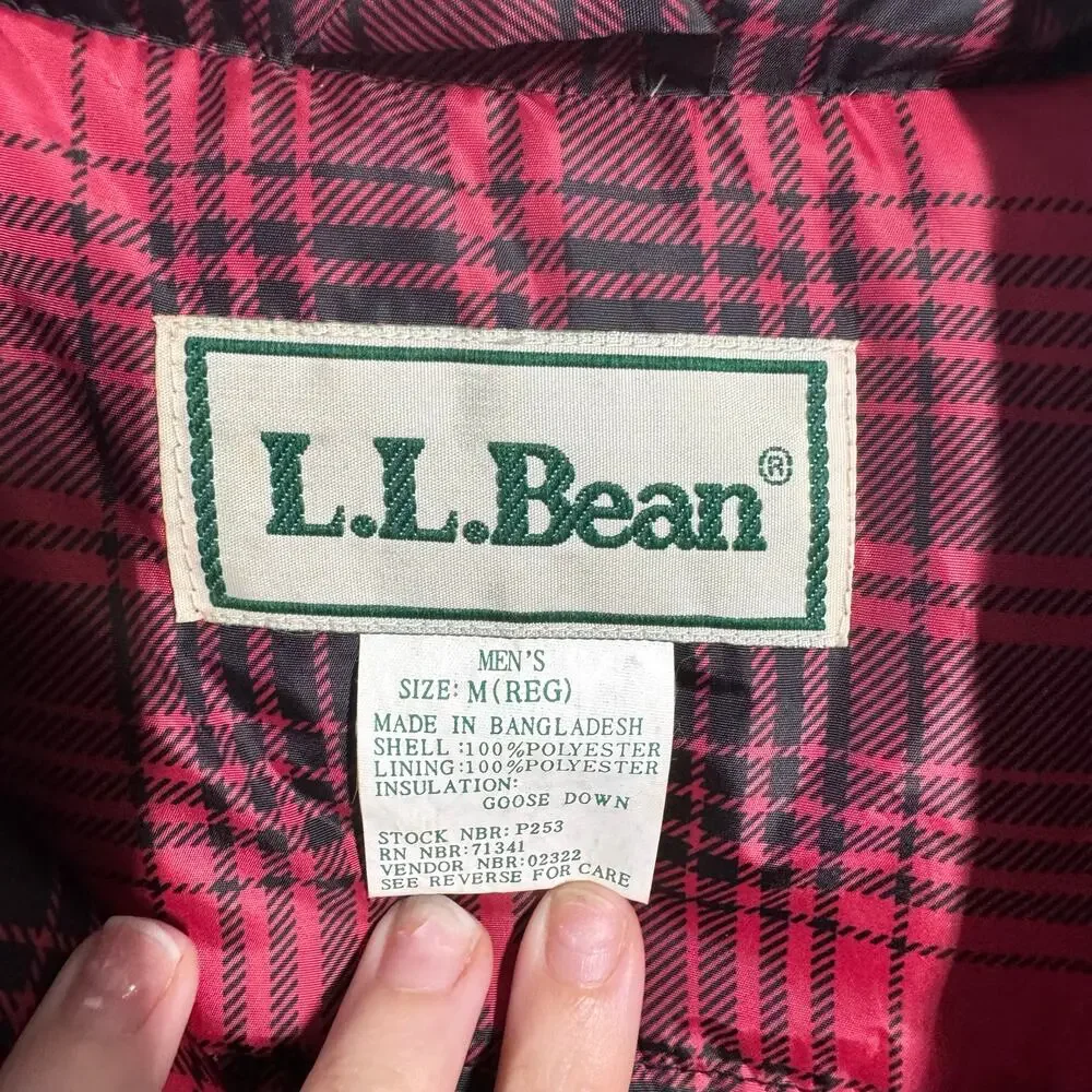 LL Bean Vest Mens‎ M Red Black Buffalo Plaid Snap Goose Down Vintage Insulated